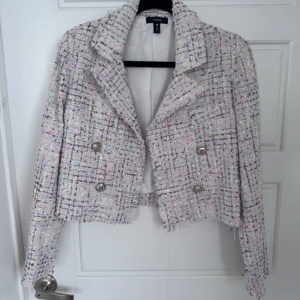 Aqua Tweed Double breasted Cropped Blazer With Silver Hardware